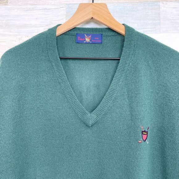 POLO Ralph Lauren Pure Cashmere Sweater Green Golf Shield Logo Vintage Mens XL - Picture 2 of 8